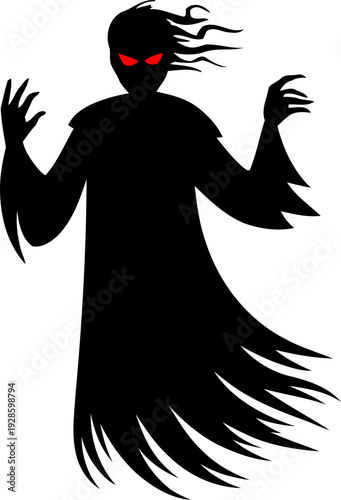 Ragged sleeve midnight wraith raising hooked fingers in warning stance, macabre gothic specter for spooky merchandise concepts, supernatural myth symbol, crisp negative space silhouette