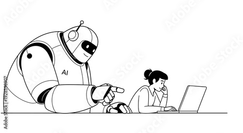 AI Robot Supervising Woman Working on Laptop Automation Concept