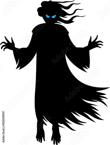 Azure glowing gaze shadow phantom drifting with shredded cloak motion, eerie nether entity for Halloween branding graphics, occult folklore character emblem, high definition monochrome vector