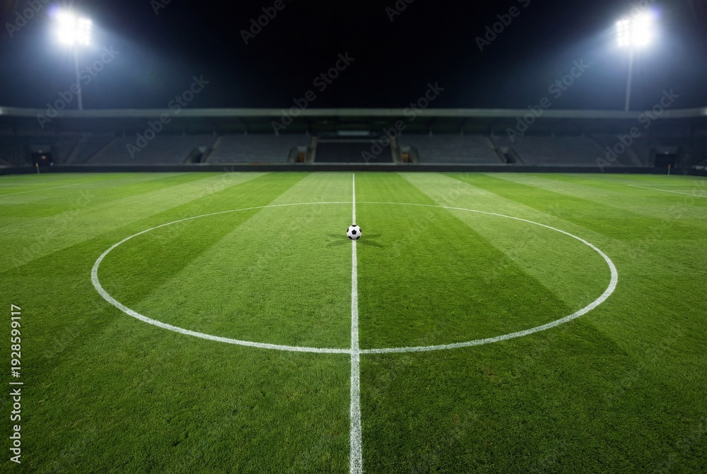 Naklejka premium A soccer ball sits in the center of an empty stadium field at night under bright floodlights