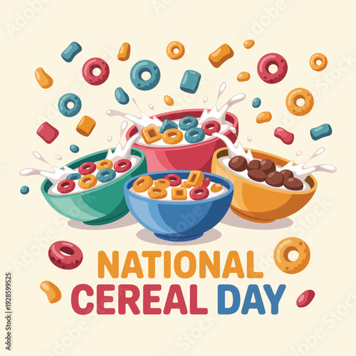 Colorful bowls of cereal with milk splashes and cereal pieces flying around on National Cereal Day