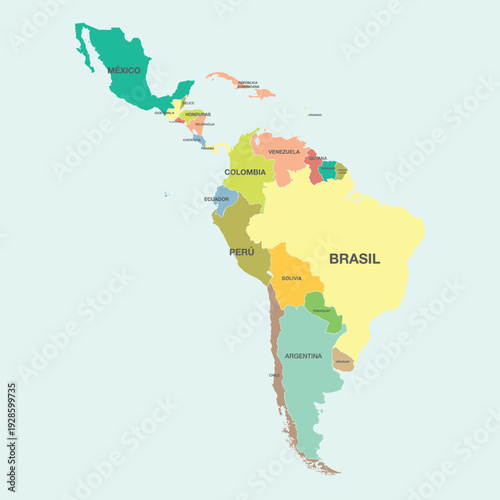 Detailed colorful political vector map of Latin America with country names for travel and tourism