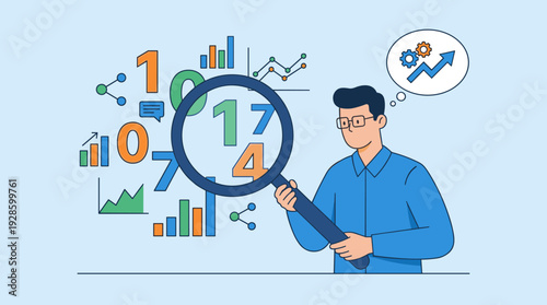 Business analyst examining digits and charts with a magnifying glass. Concept of big data analysis, financial research, market statistics, data-driven growth strategy, and process optimization.