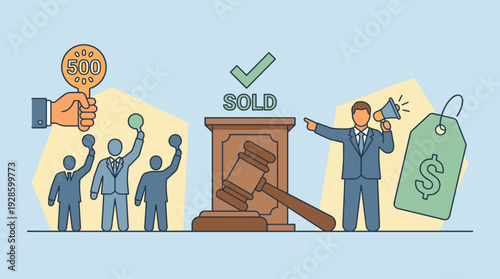 Auction bidding process concept with auctioneer holding megaphone, bidders raising paddles, and a large wooden gavel on a podium with a sold sign and price tag flat vector illustration.