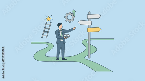 Businessman at a crossroads holding a compass and pointing at a signpost, choosing the right career path or business strategy for success, navigation and leadership concept vector illustration.