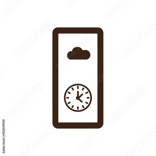 Dark brown outline rectangular smartphone icon with a solid cloud and a clock with hands inside, isolated on white background