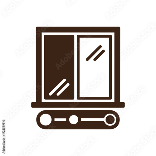 Brown sliding window with two glass panes and a horizontal track with three circles, isolated on white background