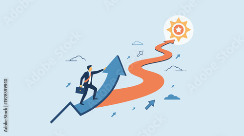 Businessman Climbing Upward Arrow Towards Success and Goal Achievement. Concept of Career Growth, Business Strategy, and Reaching the Target with a Winding Path to a Glowing Star Icon Illustration.