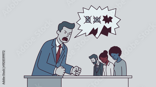 Angry Boss Shouting at Employees in Toxic Workplace, Aggressive Businessman Harassing Staff with Hate Speech and Bullying, Concept of Workplace Discrimination and Hostile Office Environment