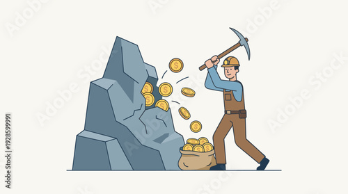 Vector illustration of a miner using a pickaxe to extract gold dollar coins from a rock mountain, representing concepts of financial mining, wealth creation, investment, and hard work.