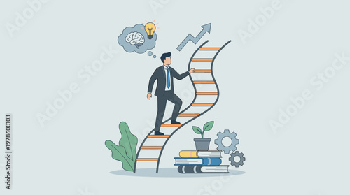 Professional businessman climbing a ladder of success with a growth mindset, brain and lightbulb idea symbols, books and gears for education, concept of personal development and career growth.