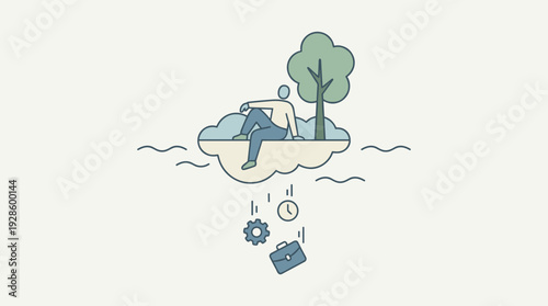Minimalist Vector Illustration of a Person Finding Peace on a Cloud Island, Detaching from Work Stress as a Briefcase, Clock, and Gear Fall Away, Representing Mindfulness and Mental Well-being.