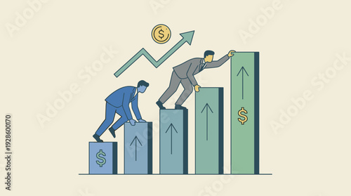Two professional businessmen climbing a rising bar graph of success, representing competitive investment growth, financial targets, career advancement, and economic prosperity in flat vector.