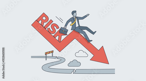 Businessman in a Suit Sliding Down a Large Red Arrow Spelling Risk Representing Business Challenges Financial Crisis Economic Downturn and Career Path Uncertainty Vector Illustration Concept