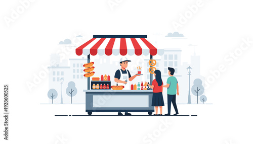 Happy couple buying food from a street vendor in a modern city