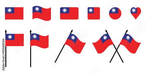Taiwan Flag Set Republic of China National Flag Icons in Various Shapes Vector Illustration.