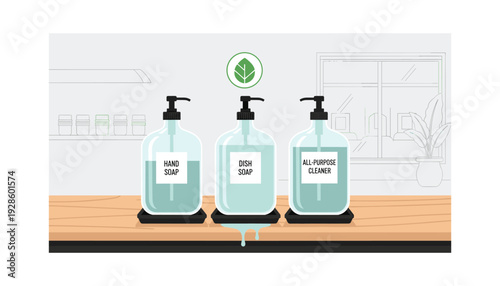 Eco friendly cleaning products on a wooden countertop in a modern kitchen