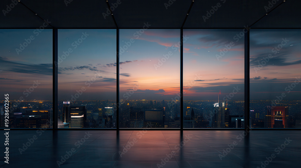 Fototapeta premium A city skyline is visible through a large window at sunset