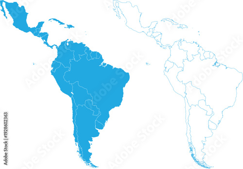 Clean blue vector map of Latin America with country borders for business and corporate presentations