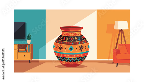 Vibrant living room interior with large decorative vase and modern furniture