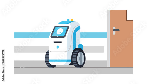 Friendly robot delivering packages to a doorstep with a smiley face