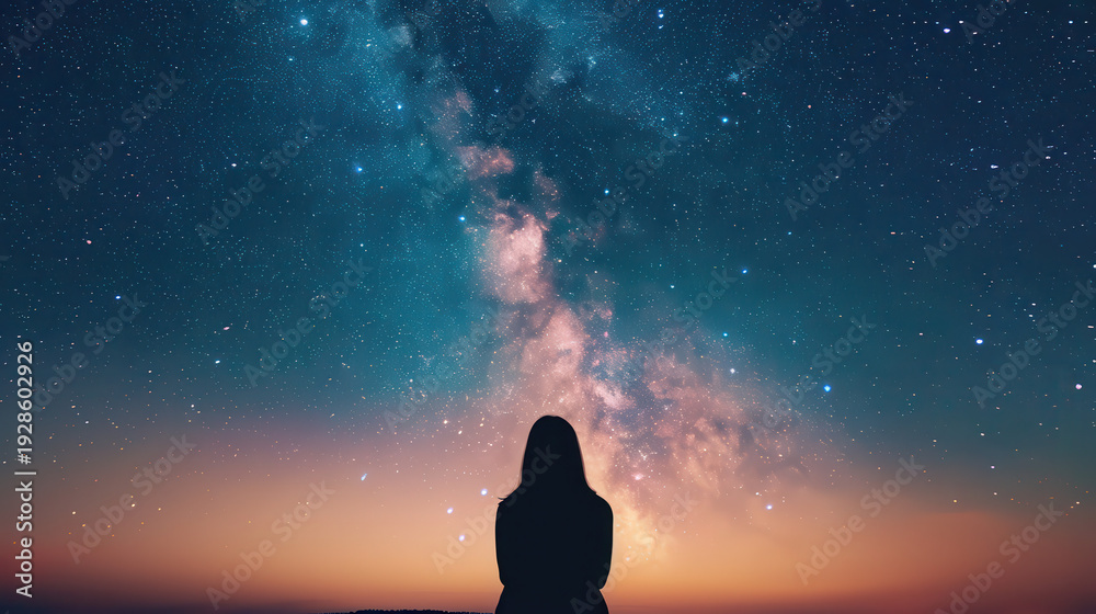 Fototapeta premium A woman is looking up at the stars in the sky