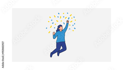 Woman celebrating success with joyful jump and colorful confetti around her