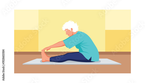 Elderly woman practicing yoga on mat in serene room