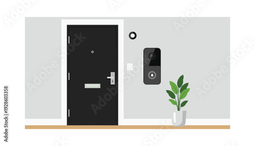 Modern smart home entrance with doorbell camera and plant