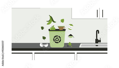 Green recycling bin on kitchen counter with eco friendly waste