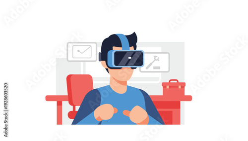 Man wearing VR headset working in modern office space