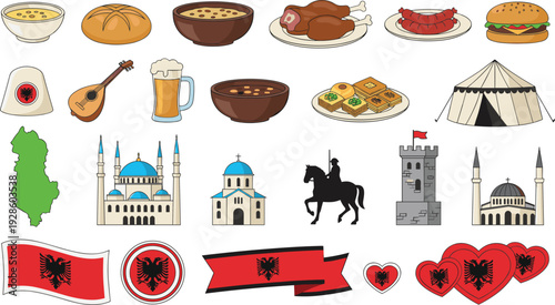 Albanian Culture and Traditional Food Illustration Set with National Symbols, Architecture, Cuisine, Flags, and Historical Elements for Vector Designs