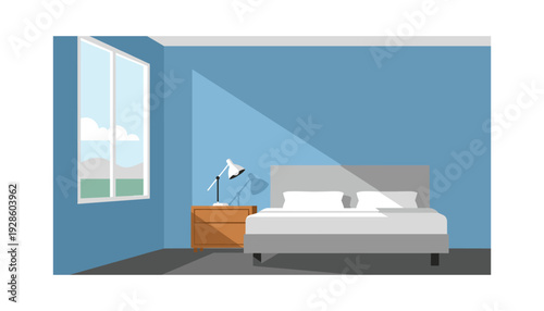 Cozy bedroom interior with modern furniture and calming blue walls