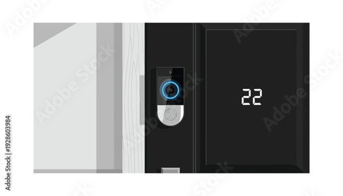 Modern smart door lock with blue ring light on apartment 22