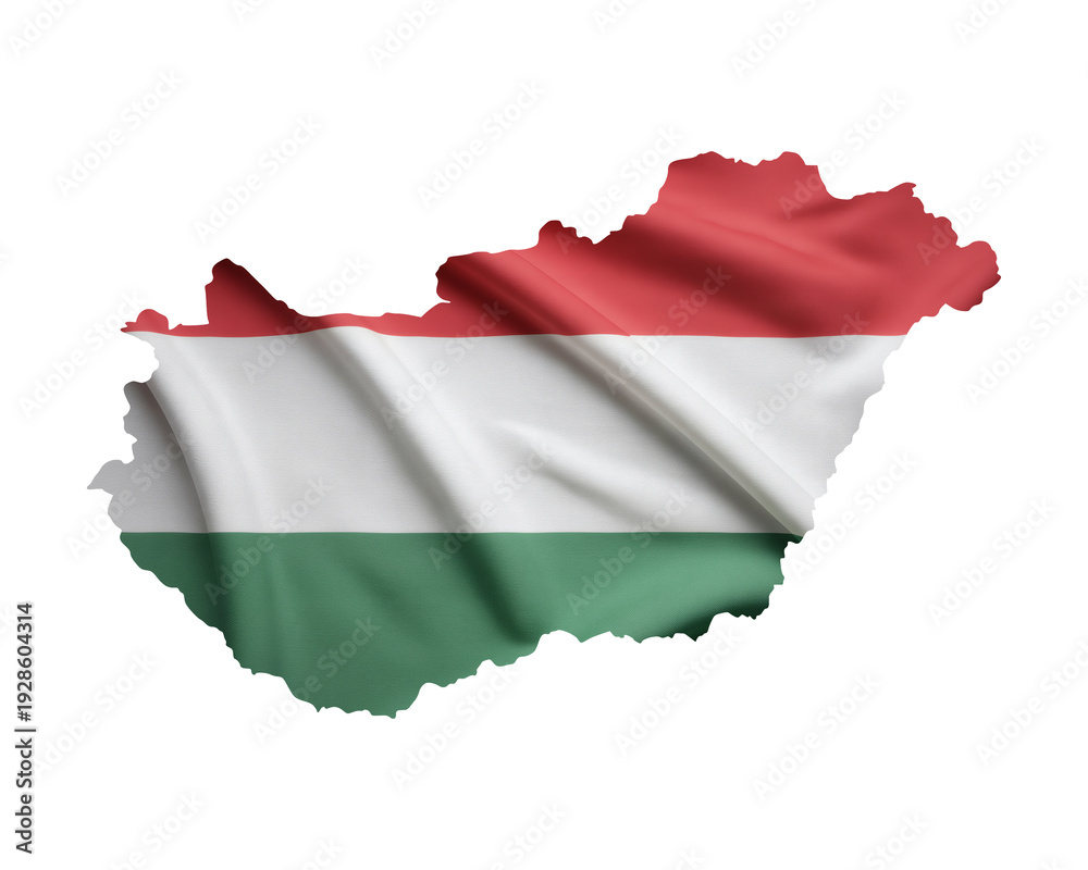 Obraz premium Hungarian flag waving in the shape of the country's borders, patriotic symbol of Hungary, 3D render