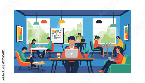 Modern office with coworkers working on laptops in collaborative environment