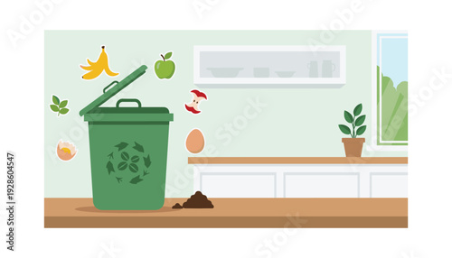 Green recycling bin with organic waste on kitchen countertop