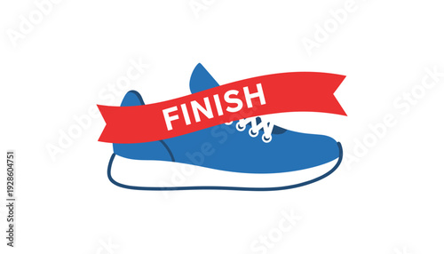 Blue running shoe with red finish banner ribbon