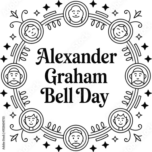 Alexander graham bell day celebration frame, circular logo with faces and stars