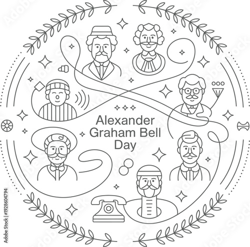 Alexander graham bell day logo with historical portraits and telephone invention line art drawing