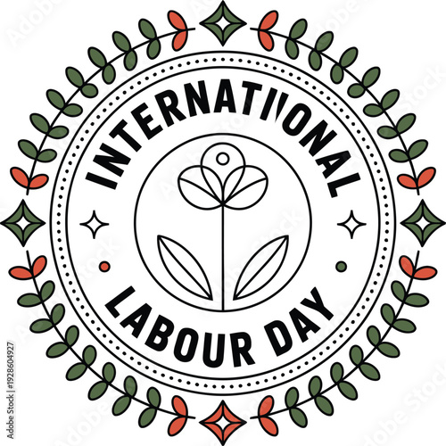 International labour day celebration emblem, circular logo with leaves and flower symbol