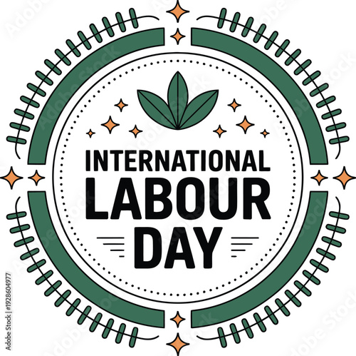 International labour day emblem, round logo with text and leaves