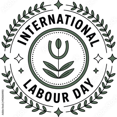 International labour day logo design with floral elements and stars on transparent background