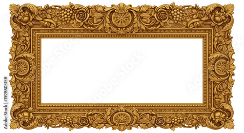 Ornate golden picture frame with baroque floral carvings, isolated on white.