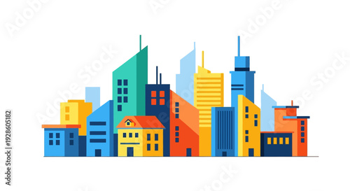 Colorful modern city skyline with varied architecture.