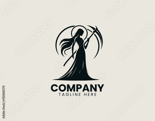 Female grim reaper silhouette holding large scythe in minimalist black vector logo illustration