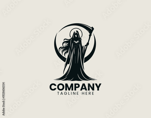 Female grim reaper silhouette holding large scythe in minimalist black vector logo illustration