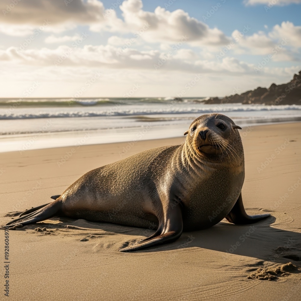 Obraz premium Sea Lion Lounging on Sandy Beach - A Coastal Wildlife Encounter.