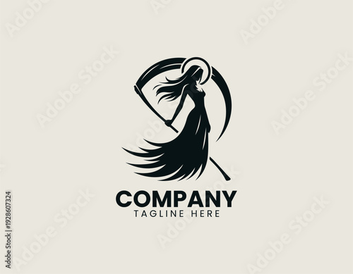 Female grim reaper silhouette holding large scythe in minimalist black vector logo illustration