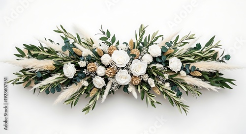 Beautiful floral arrangement with white roses greenery and pampas grass
